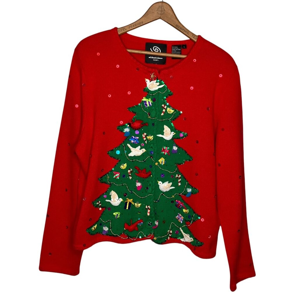 Vintage 00s Y2K‎ Michael Simon L Christmas Tree Red Embellished Cardigan Sweater
